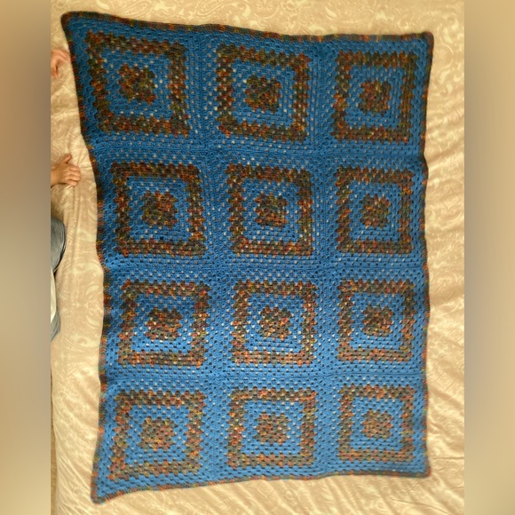 Handmade Blue and multicolor knit afghan throw blanket 39” x 52” - Picture 4 of 4